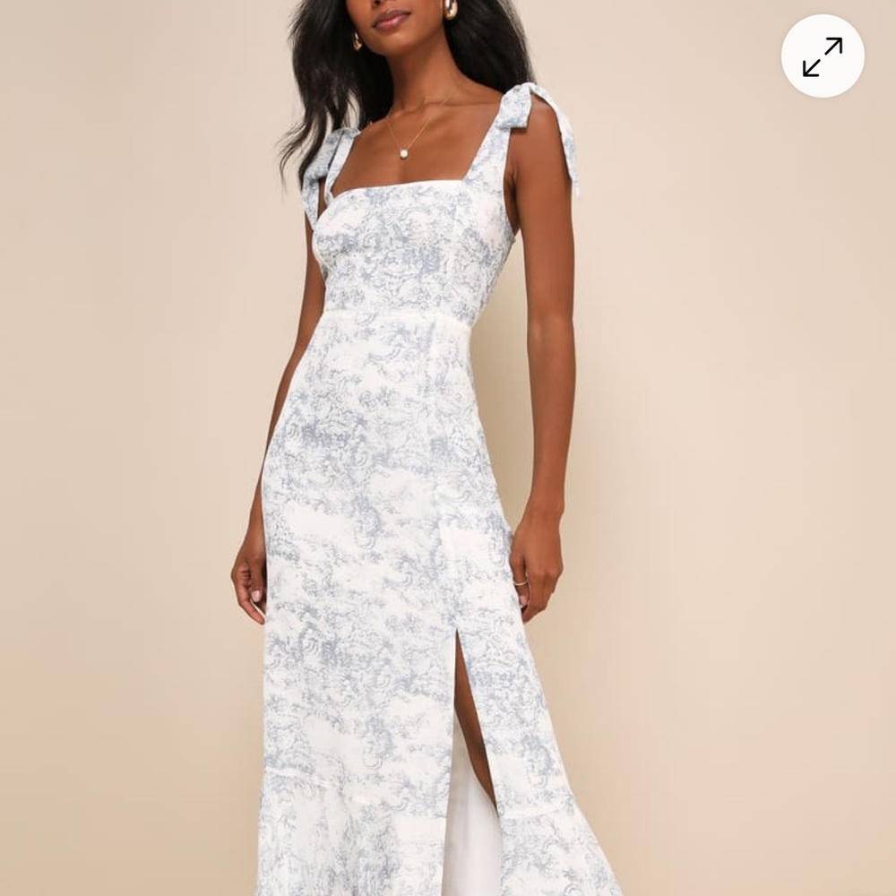 Lulu's White and Blue Sleeveless Maxi Dress with Slit